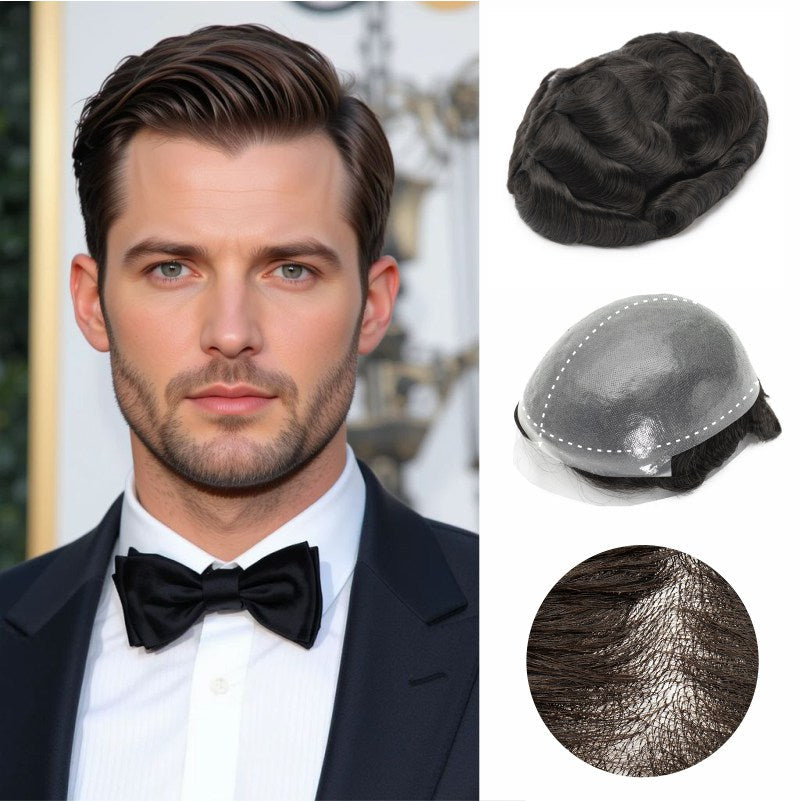2PCS| Single-knotted Mirage | Toupee for Men | 0.06-0.08mm Full Super Thin Skin Base | Thicker Hair and More Durable