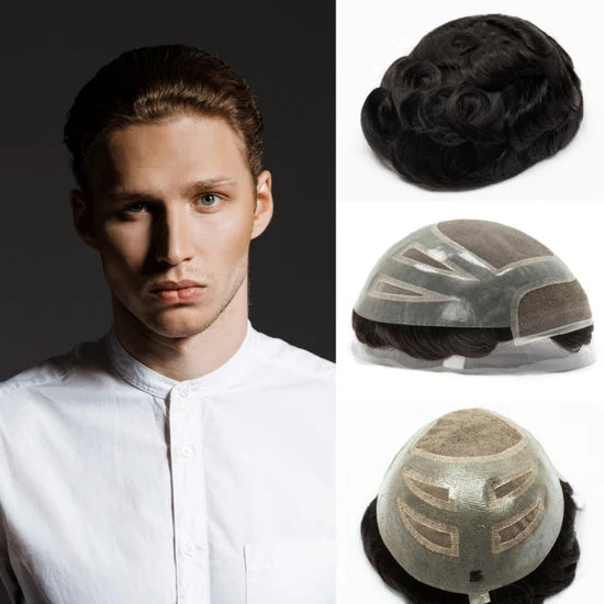 Mono Lace| French Lace + Mono Mesh Crown + PU| Men Toupee Breathable Lace Hairline Wig Natural Hairline Human Hair System Toupee
